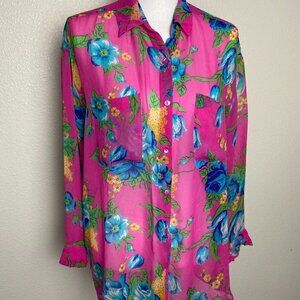 Adrienne Vittadini Vintage 80s Pink Blouse. 100% Silk Floral  Size L